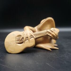 Vintage Carved Wooden Frog Playing Guitar Figurine